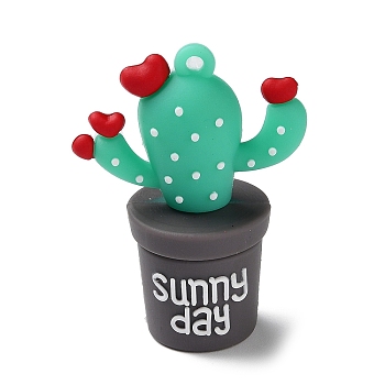 PVC Plastic Big Pendants, Cactus with Word Sunny Day Charm, Medium Aquamarine, 53x40x24.5mm, Hole: 3mm