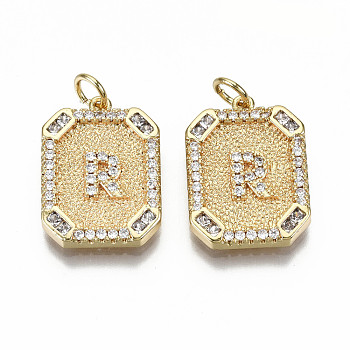 Brass Micro Pave Clear Cubic Zirconia Pendants, Nickel Free, Real 18K Gold Plated, Rounded Rectangle with Word, Letter.R, 19x14x2.5mm, Jump Ring: 5x0.7mm, 3mm inner diameter
