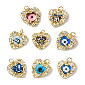 Brass Micro Pave Clear Cubic Zirconia Pendants, with Resin and Jump Rings, Lead Free & Cadmium Free, Heart with Eye, Real 18K Gold Plated, Mixed Color, 21x19.5x4.5mm, Hole: 4mm