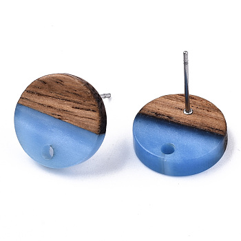 Resin & Walnut Wood Stud Earring Findings, with 304 Stainless Steel Pin, Flat Round, Cornflower Blue, 14mm, Hole: 1.8mm, Pin: 0.7mm