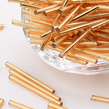 Glass Bugle Beads, Golden, about 3mm wide, 31~34mm long, hole: 0.4mm, about 1400pcs/one pound