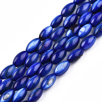 Natural Freshwater Shell Beads Strands, Dyed, Rice, Dark Blue, 7.5x4mm, Hole: 0.8mm, about 51~52pcs/strand, 14.96 inch~15.16 inch(38~38.5cm)