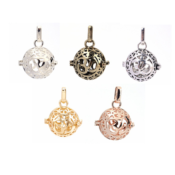 Rack Plating Brass Cage Pendants, For Chime Ball Pendant Necklaces Making, Hollow Round with Om Symbol, Mixed Color, 25x24x20.5mm, Hole: 3x7mm, inner measure: 18mm