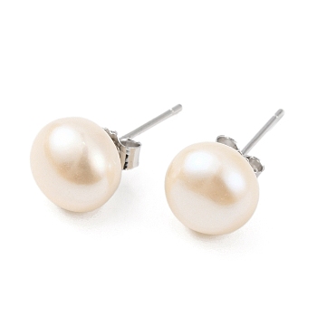 Natural Pearl Round Bead Stud Earrings, with Real Platinum Plated 925 Sterling Silver Findings, Blanched Almond, 17x8~9mm