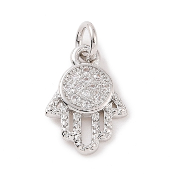Brass Micro Pave Cubic Zirconia Palm Charms, with Jump Ring, Hamsa Hand Charm, Platinum, 13x9x1.5mm, Hole: 2.8mm
