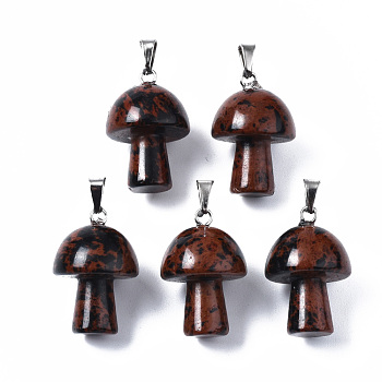 Natural Mahogany Obsidian Pendants, with Stainless Steel Snap On Bails, Mushroom Shaped, 24~25x16mm, Hole: 5x3mm