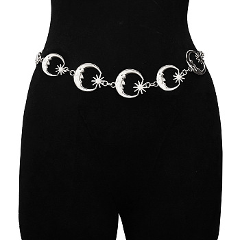 Alloy Moon Waist Chain Belts, Women Metal Link Chain Belts for Pants Dresses, Platinum, 1100mm