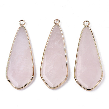 Natural Rose Quartz Pendants, with Light Gold Plated Brass Edge and Loop, Teardrop, 49x18x4.5mm, Hole: 2.5mm