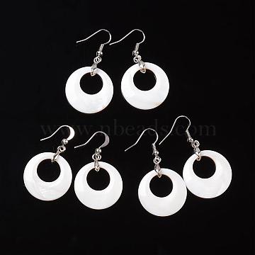 Freshwater Shell Flat Round Dangle Earrings, with Platinum Tone Brass Findings, White, 46mm; Pin: 0.8mm(EJEW-I204-10)