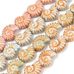 Handmade Porcelain Beads, Hand Painted Ceramic Beads, Golden Metal Enlaced, Spiral Shell, Mixed Color, 21x16x9mm, Hole: 2mm(PORC-B008-02)