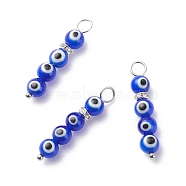Handmade Evil Eye Lampwork  Pendants, with 304 Stainless Steel Ball Head Pins and Brass Rhinestone Spacer Beads, Round, Blue, 31.5x6mm, Hole: 3.5mm(PALLOY-JF01725-03)