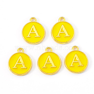 Golden Plated Alloy Enamel Charms, Enamelled Sequins, Flat Round with Letter, Gold, Letter.A, 14x12x2mm, Hole: 1.5mm(ENAM-S118-09A)