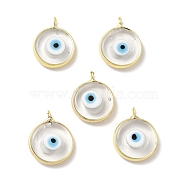 Handmade Evil Eye Lampwork Pendants, with Rack Plating Brass Findings, Long-Lasting Plated, Flat Round, Clear, 18~19x15~16x4mm, Hole: 2mm(LAMP-F026-05G)