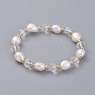Stretch Bracelets, with Natural Cultured Freshwater Pearl Beads, Glass Beads and Brass Round Spacer Beads, Elastic Crystal Thread, with Burlap Bags, Seashell Color, 2-1/8 inch(5.5cm)(BJEW-JB04926)