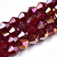 Opaque Solid Color Electroplate Glass Beads Strands, AB Color Plated, Faceted, Bicone, Dark Red, 6x5.5mm, Hole: 1mm, about 46~49pcs/strand, 10.04~10.63 inch(25.5~27cm)(EGLA-A039-P6mm-B22)