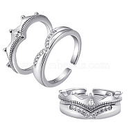 Clear Cubic Zirconia Crown Matching Cuff Rings Set, Brass Cubic Zirconia Stackable Couple Open Rings for Engagement Wedding Lovers, Platinum, US Size 5 1/4(15.9mm)(JR848A)