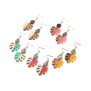 Resin & Walnut Wood Monstera Leaf Dangle Earrings, 316 Surgical Stainless Steel Big Drop Earrings for Women, Mixed Color, 73mm, Pin: 0.6mm(EJEW-JE04877)