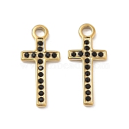 Vacuum Plating 201 Stainless Steel with Rhinestone Pendants, Religion Corss Charms, Real 18K Gold Plated, Black Diamond, 20x9x1.5mm, Hole: 2.2mm(STAS-J401-VC1004)