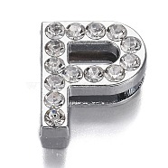 Alloy Letter Slide Charms, with Crystal Rhinestone, Cadmium Free & Lead Free, Platinum, Letter.P, 20x16x7mm, Hole: 2.5x18mm(RB-F034-01P-P-RS)