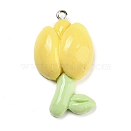 Opaque Resin Pendants, Flower Charms, with Platinum Tone Iron Loops, Champagne Yellow, 38x21x10mm, Hole: 1.5mm(RESI-G078-01F)