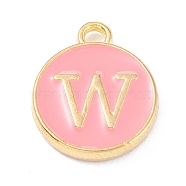 Golden Plated Alloy Enamel Charms, Enamelled Sequins, Flat Round with Alphabet, Letter.W, Pink, 14x12x2mm, Hole: 1.5mm(X-ENAM-Q437-14W)