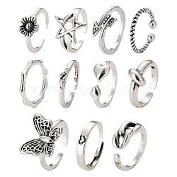 11 Style Adjustable Alloy Finger Rings, Heart & Arrow & Butterfly & Flower, Antique Silver, 12pcs/box(RJEW-LS0001-14AS)