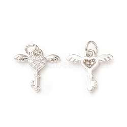 Brass Micro Pave Cubic Zirconia Charms, with Jump Ring, Key with Wing Charm, Platinum, 13x13x2.2mm, Hole: 3mm(KK-C018-02P)