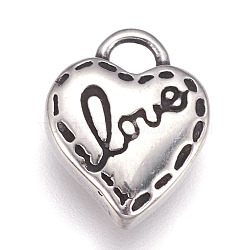 304 Stainless Steel Pendants, Heart with Word Love, For Valentine's Day, Antique Silver, 13x11x3.5mm, Hole: 3x2mm(STAS-O101-44AS)