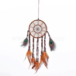 Native Style Bamboo Ring Woven Net/Web with Feather Wall Hanging Decoration, with ABS Beads, for Home Offices Amulet Ornament, Orange, 720x180mm, Pendant: 510mm long(HJEW-A001-07)