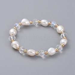 Stretch Bracelets, with Natural Cultured Freshwater Pearl Beads, Glass Beads and Brass Round Spacer Beads, Elastic Crystal Thread, with Burlap Bags, Seashell Color, 2-1/8 inch(5.5cm)(BJEW-JB04926)