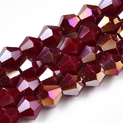 Opaque Solid Color Electroplate Glass Beads Strands, AB Color Plated, Faceted, Bicone, Dark Red, 6x5.5mm, Hole: 1mm, about 46~49pcs/strand, 10.04~10.63 inch(25.5~27cm)(EGLA-A039-P6mm-B22)