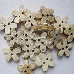 Carved 2-hole Basic Sewing Button Shaped in Flower, Coconut Button, Tan, about 15mm in diameter(NNA0Z10)