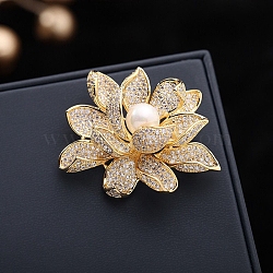 Flower Alloy Crystal Rhinestone Brooch, Imitation Pearl Exquisite Lapel Pins for Girl Women, Golden, 36x45mm(PW-WG24C40-01)