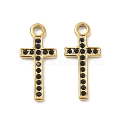 Vacuum Plating 201 Stainless Steel with Rhinestone Pendants, Religion Corss Charms, Real 18K Gold Plated, Black Diamond, 20x9x1.5mm, Hole: 2.2mm(STAS-J401-VC1004)