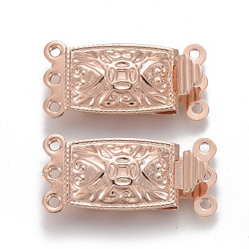 304 Stainless Steel Box Clasps, Multi-Strand Clasps, 3-Strands, 6-Holes, Rectangle, Rose Gold, 21x10x4.5mm, Hole: 1mm