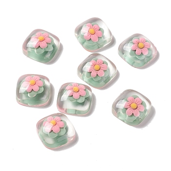 Transparent Resin Cabochons, Square, Pink, Flower Pattern, 19x19x8mm