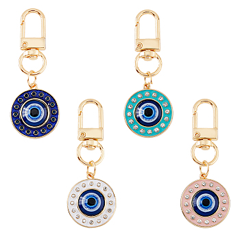 4Pcs 4 Colors Round Evil Eye Rhinestone Enamel Pendant Decorations, with Alloy Findings, for Keychain, Purse, Backpack Ornament, Mixed Color, 62mm, 1pc/color