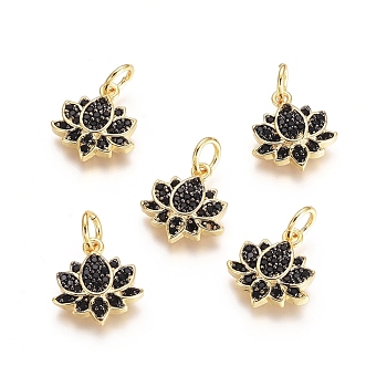 Brass Micro Pave Cubic Zirconia Charms, with Jump Rings, Lotus, Black, Gunmetal & Golden, 12x11x2.5mm, Hole: 3.4mm