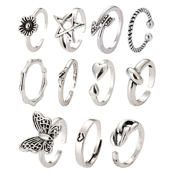 11 Style Adjustable Alloy Finger Rings, Heart & Arrow & Butterfly & Flower, Antique Silver, 12pcs/box