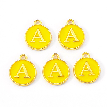 Golden Plated Alloy Enamel Charms, Enamelled Sequins, Flat Round with Letter, Gold, Letter.A, 14x12x2mm, Hole: 1.5mm