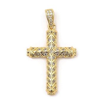 Brass Micro Pave Cubic Zirconia Pendants, Real 16K Gold Plated, Cross, Clear, 31.5x21.5x4mm, Hole: 5x2.5mm