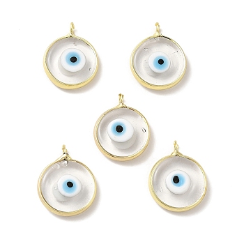 Handmade Evil Eye Lampwork Pendants, with Rack Plating Brass Findings, Long-Lasting Plated, Flat Round, Clear, 18~19x15~16x4mm, Hole: 2mm