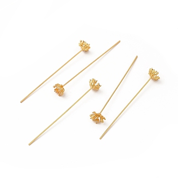 Brass Crystal Rhinestone Flower Head Pins, Real 18K Gold Plated, 53.5mm, Flower: 8x8x4mm, Pin: 0.7mm(21 Gauge)