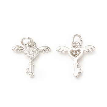 Brass Micro Pave Cubic Zirconia Charms, with Jump Ring, Key with Wing Charm, Platinum, 13x13x2.2mm, Hole: 3mm