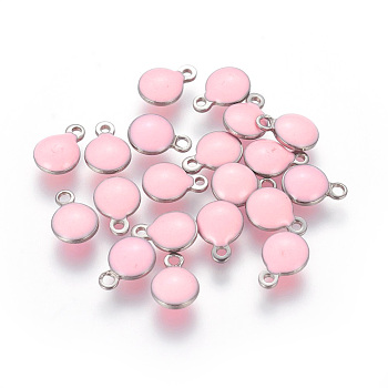 304 Stainless Steel Enamel Charms, Enamelled Sequins, Flat Round, Stainless Steel Color, Pink, 10.5x8x3~3.5mm, Hole: 1.2mm