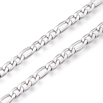 304 Stainless Steel Figaro Chain, with Spool, Unwelded, Stainless Steel Color, Link: 7.5x3.5x0.7mm and 5.5x3.5x0.7mm, about 32.8 Feet(10m)/roll