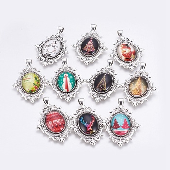 DIY Pendants Making, with Tibetan Style Alloy Pendant Cabochon Settings and Christmas Theme Glass Cabochons, Oval with Flower, Antique Silver, Setting: 56x38x2mm, Hole: 5x7mm, Cabochon: 25x18x6mm, 2pcs/set