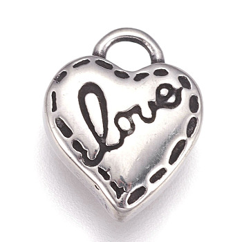 304 Stainless Steel Pendants, Heart with Word Love, For Valentine's Day, Antique Silver, 13x11x3.5mm, Hole: 3x2mm