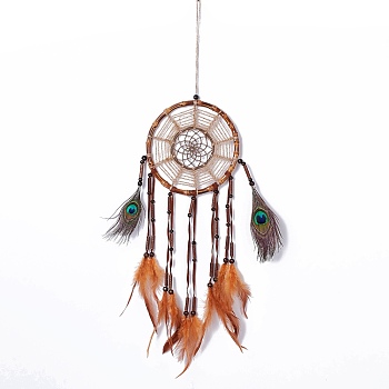 Native Style Bamboo Ring Woven Net/Web with Feather Wall Hanging Decoration, with ABS Beads, for Home Offices Amulet Ornament, Orange, 720x180mm, Pendant: 510mm long