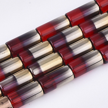 Half Electroplate Glass Beads Strands, Column, Red, 19.5~20x10mm, Hole: 1.4mm, about 15~17pcs/strand, 13.39 inch(34cm)